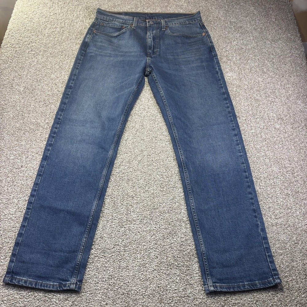 Levis 505 Jeans Mens 34x32 Blue Medium Wash Regular Straight Stretch Denim Pants - Picture 4 of 10